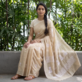 Beige Lucknowi Chikankari Heavy Mukaish Work Pure Mul Chanderi Saree, draped and worn by a woman, AI visual of the saree, iTokri