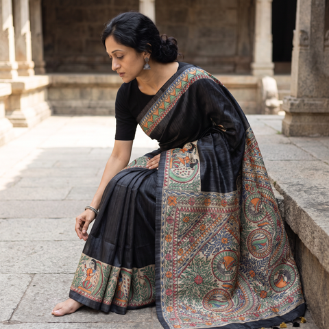 Grey Madhubani Handpainted Pure Ghicha Tussar Silk Handloom Saree, draped and worn by a woman, AI visual of the saree, iTokri