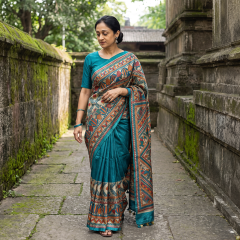 Blue Madhubani Handpainted Pure Ghicha Tussar Silk Handloom Saree, draped and worn by a woman, AI visual of the saree, iTokri