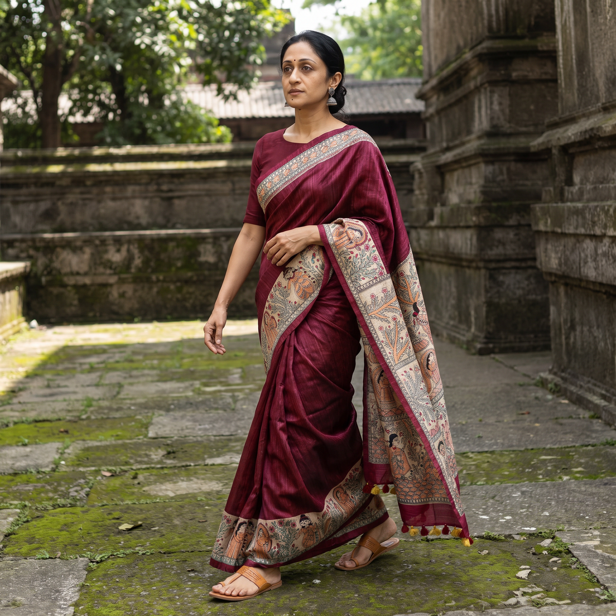 Purple Madhubani Handpainted Pure Ghicha Tussar Silk Handloom Saree, draped and worn by a woman, AI visual of the saree, iTokri