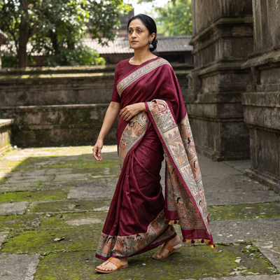 Purple Madhubani Handpainted Pure Ghicha Tussar Silk Handloom Saree, draped and worn by a woman, AI visual of the saree, iTokri