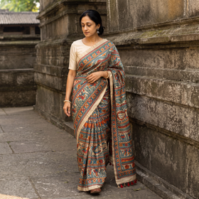 Multicolor Madhubani Handpainted Pure Ghicha Tussar Silk Handloom Saree, draped and worn by a woman, AI visual of the saree, iTokri