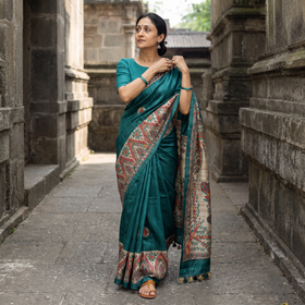 Green Madhubani Handpainted Pure Ghicha Tussar Silk Handloom Saree, draped and worn by a woman, AI visual of the saree, iTokri