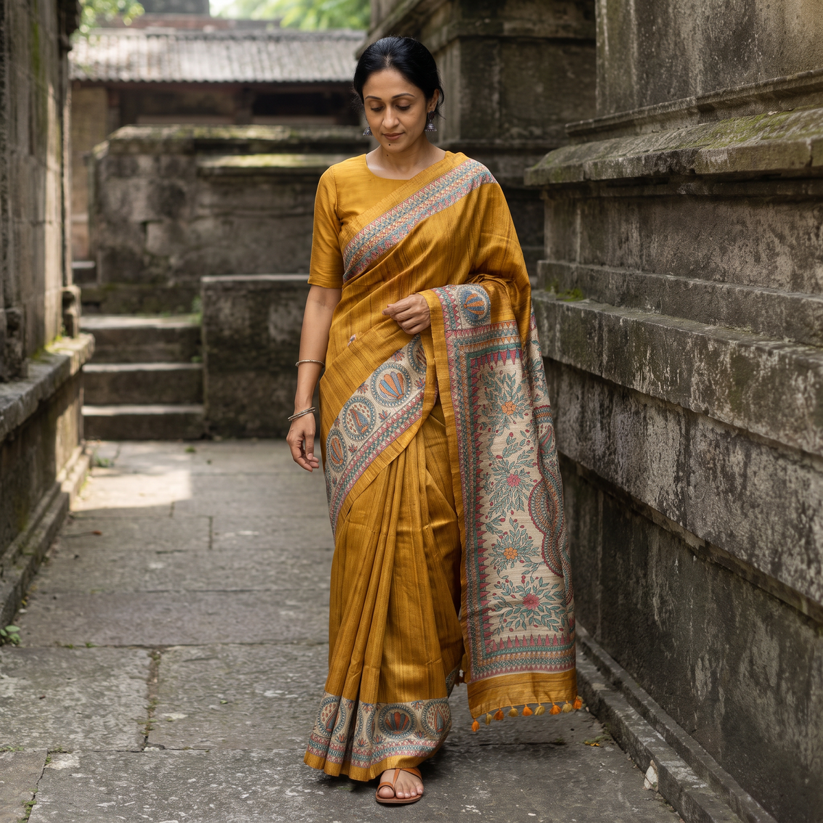 Yellow Madhubani Handpainted Pure Ghicha Tussar Silk Handloom Saree, draped and worn by a woman, AI visual of the saree, iTokri