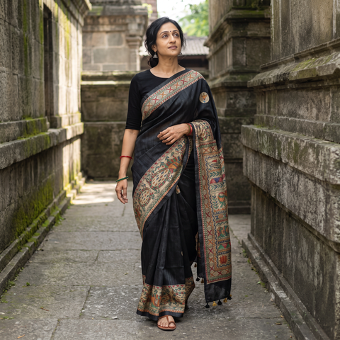 Grey Madhubani Handpainted Pure Ghicha Tussar Silk Handloom Saree, draped and worn by a woman, AI visual of the saree, iTokri