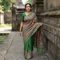 Green Madhubani Handpainted Pure Ghicha Tussar Silk Handloom Saree, draped and worn by a woman, AI visual of the saree, iTokri