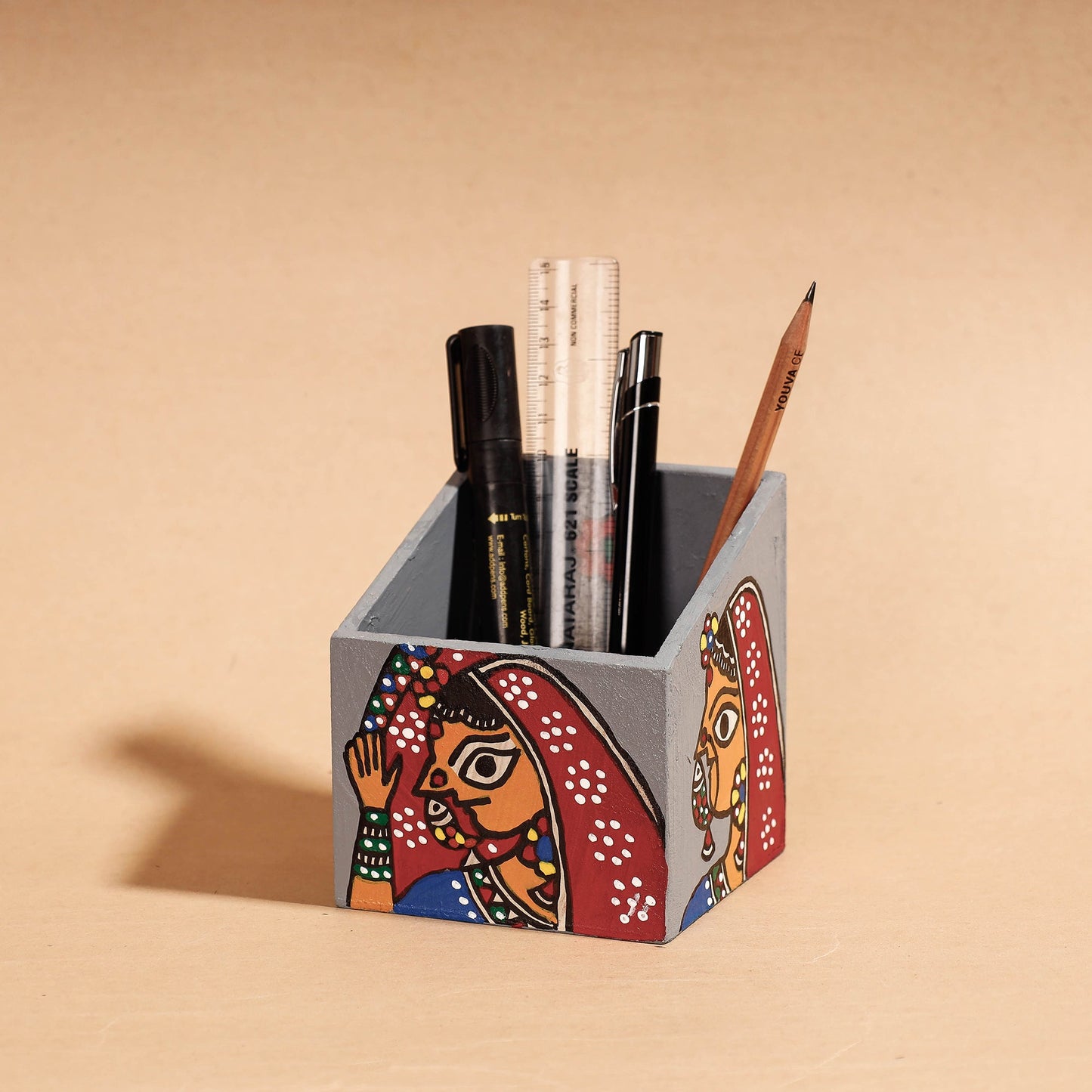  Madhubani Handpainted Wooden Pen Stand 