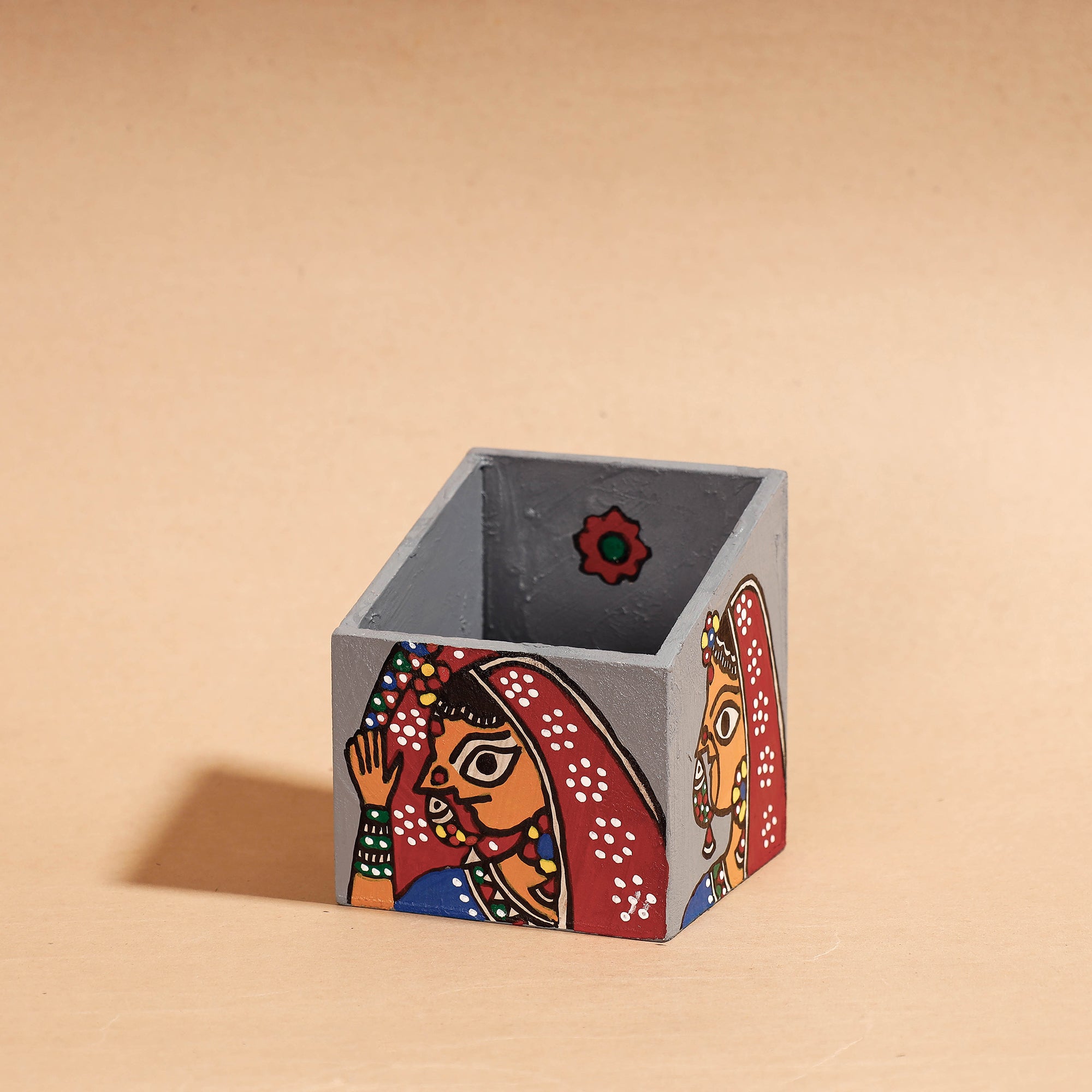 Madhubani Handpainted Paper Mache Pen Stand (3 x 4 in)