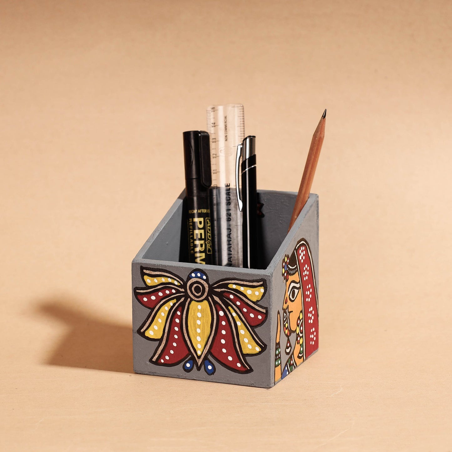  Madhubani Handpainted Wooden Pen Stand 