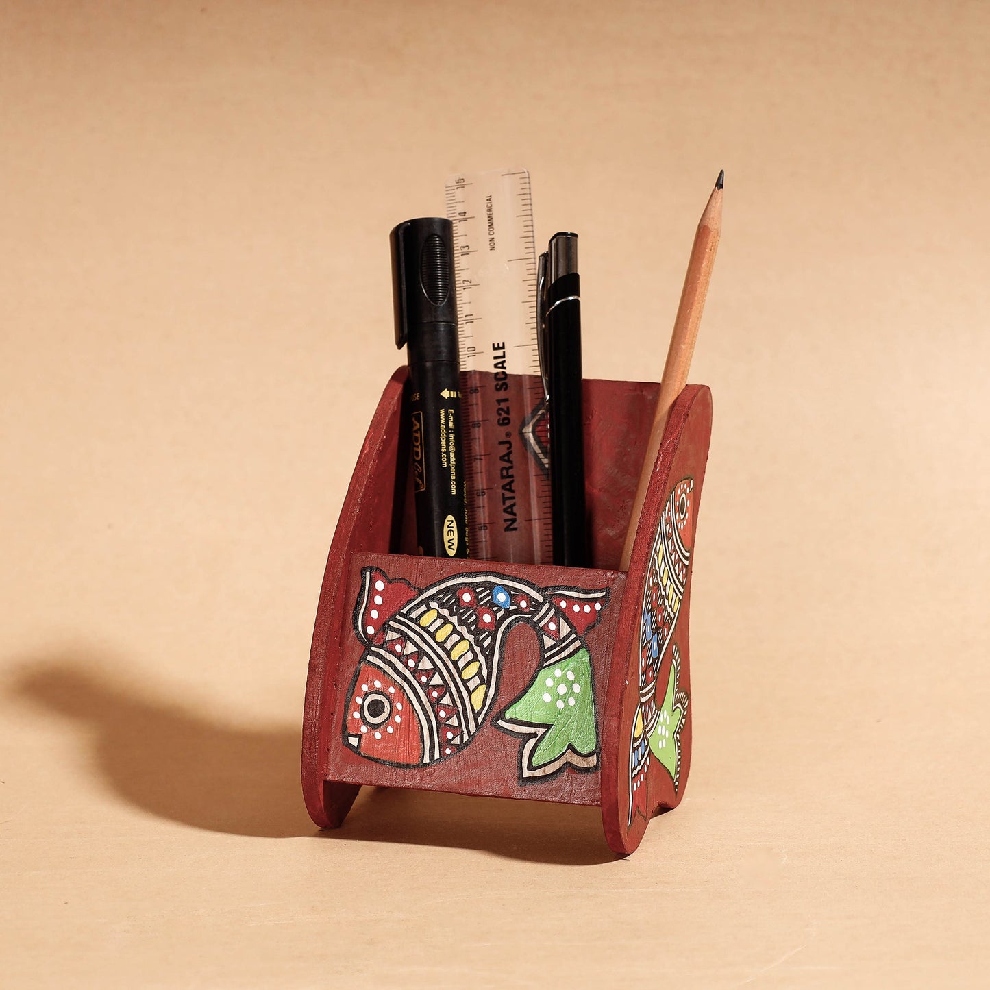  Madhubani Handpainted Wooden Pen Stand 