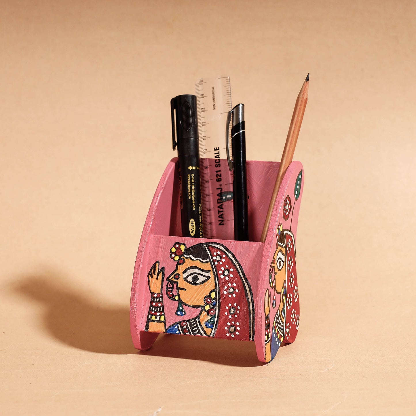  Madhubani Handpainted Wooden Pen Stand 