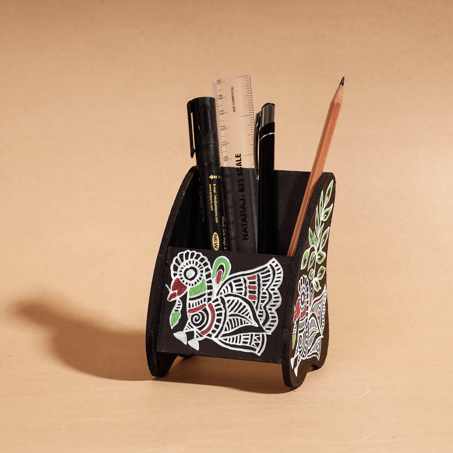  Madhubani Handpainted Wooden Pen Stand 