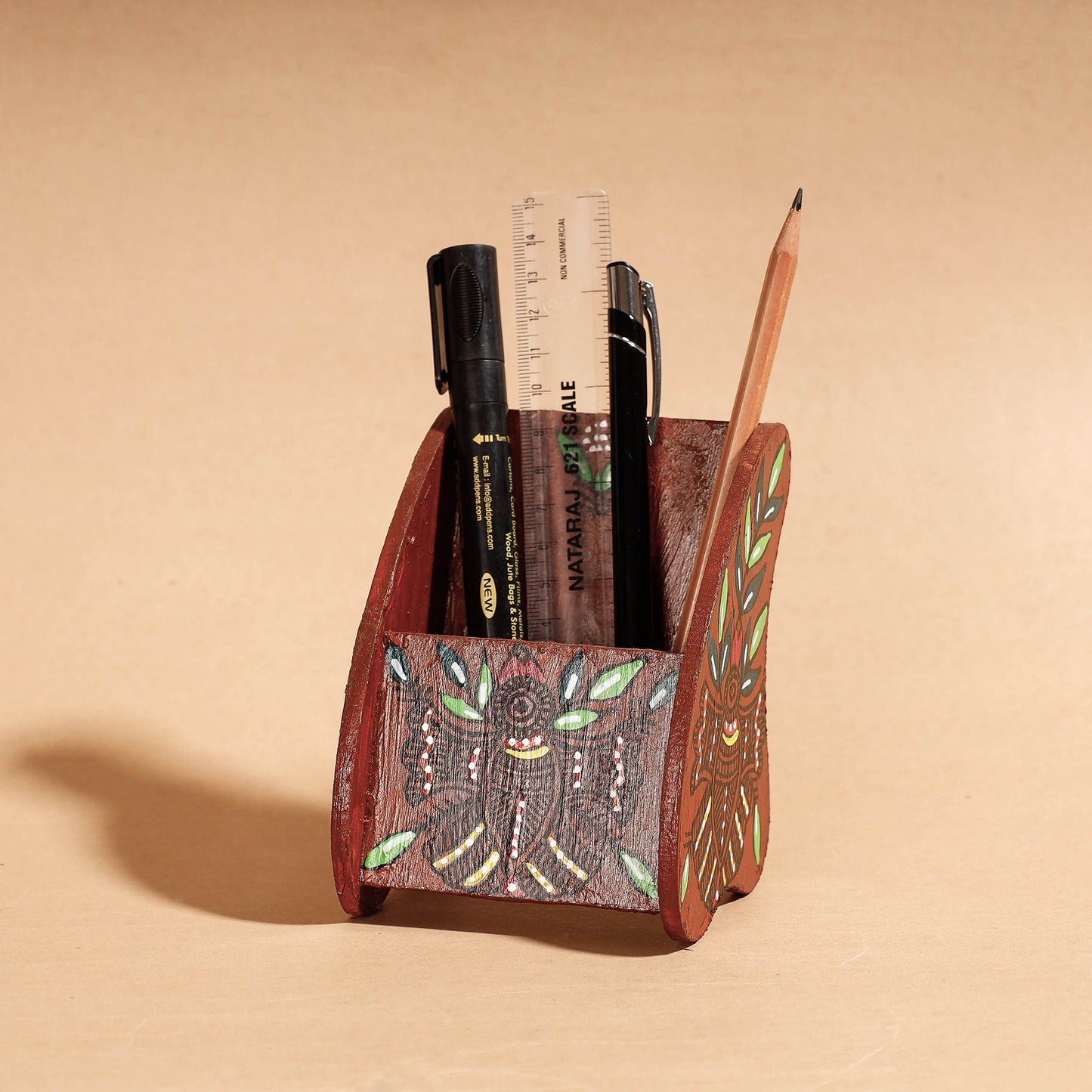  Madhubani Handpainted Wooden Pen Stand 