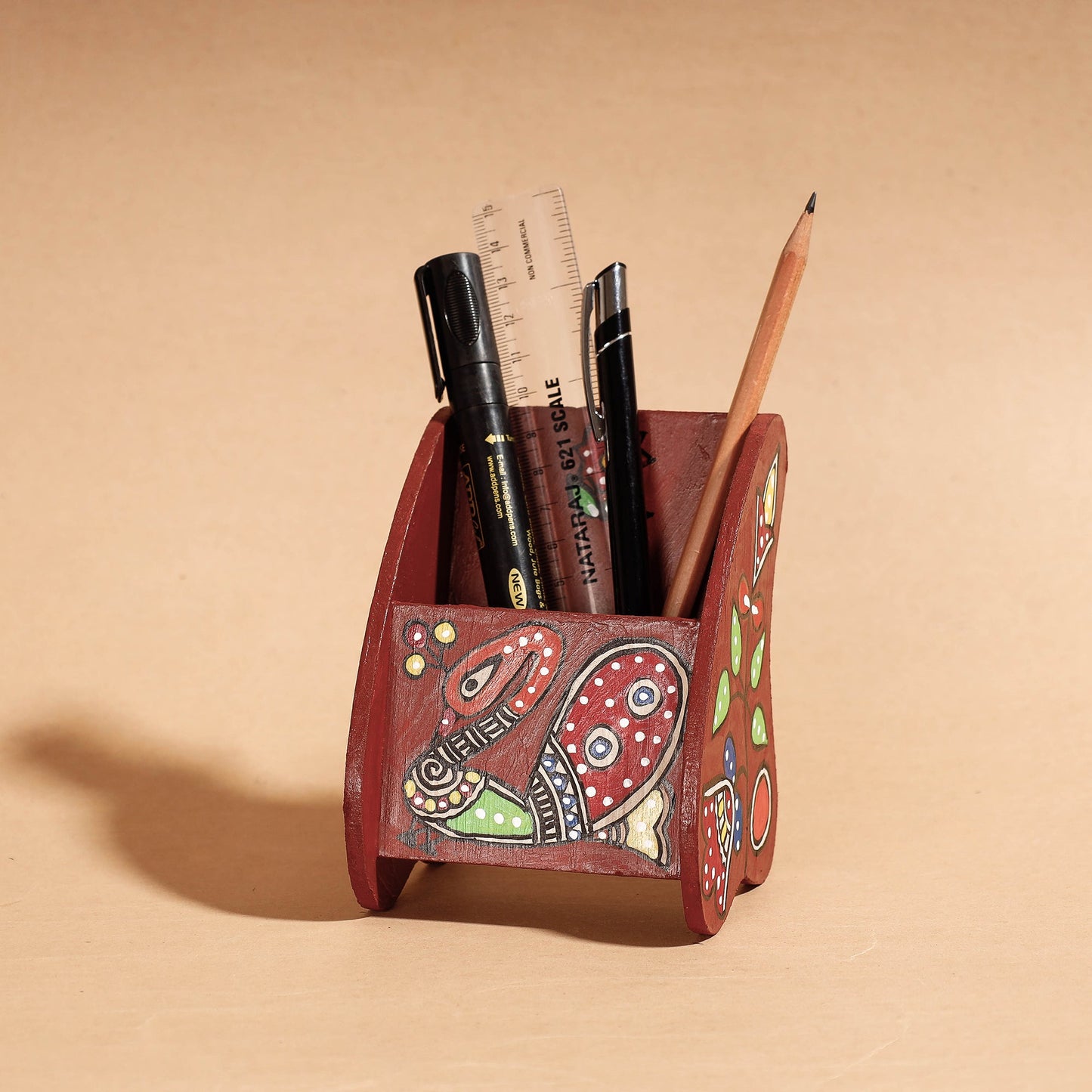  Madhubani Handpainted Wooden Pen Stand 