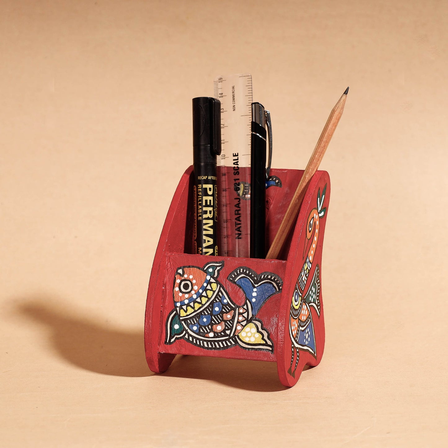  Madhubani Handpainted Wooden Pen Stand 