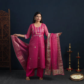 Magenta Pink Elegant Gota Work Silk Kota Doria Kurta Set 