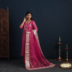 Magenta Pink Elegant Gota Work Silk Kota Doria Kurta Set 
