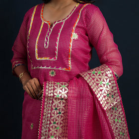 Magenta Pink Elegant Gota Work Silk Kota Doria Kurta Set 