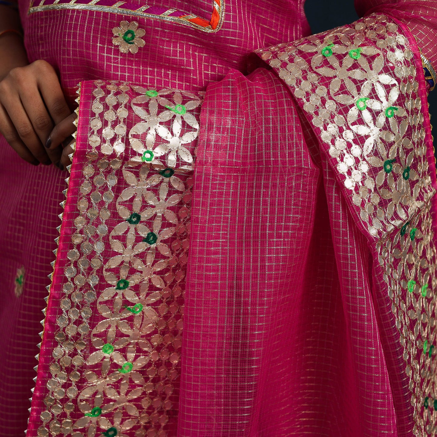 Magenta Pink Elegant Gota Work Silk Kota Doria Kurta Set 