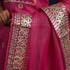 Magenta Pink Elegant Gota Work Silk Kota Doria Kurta Set 