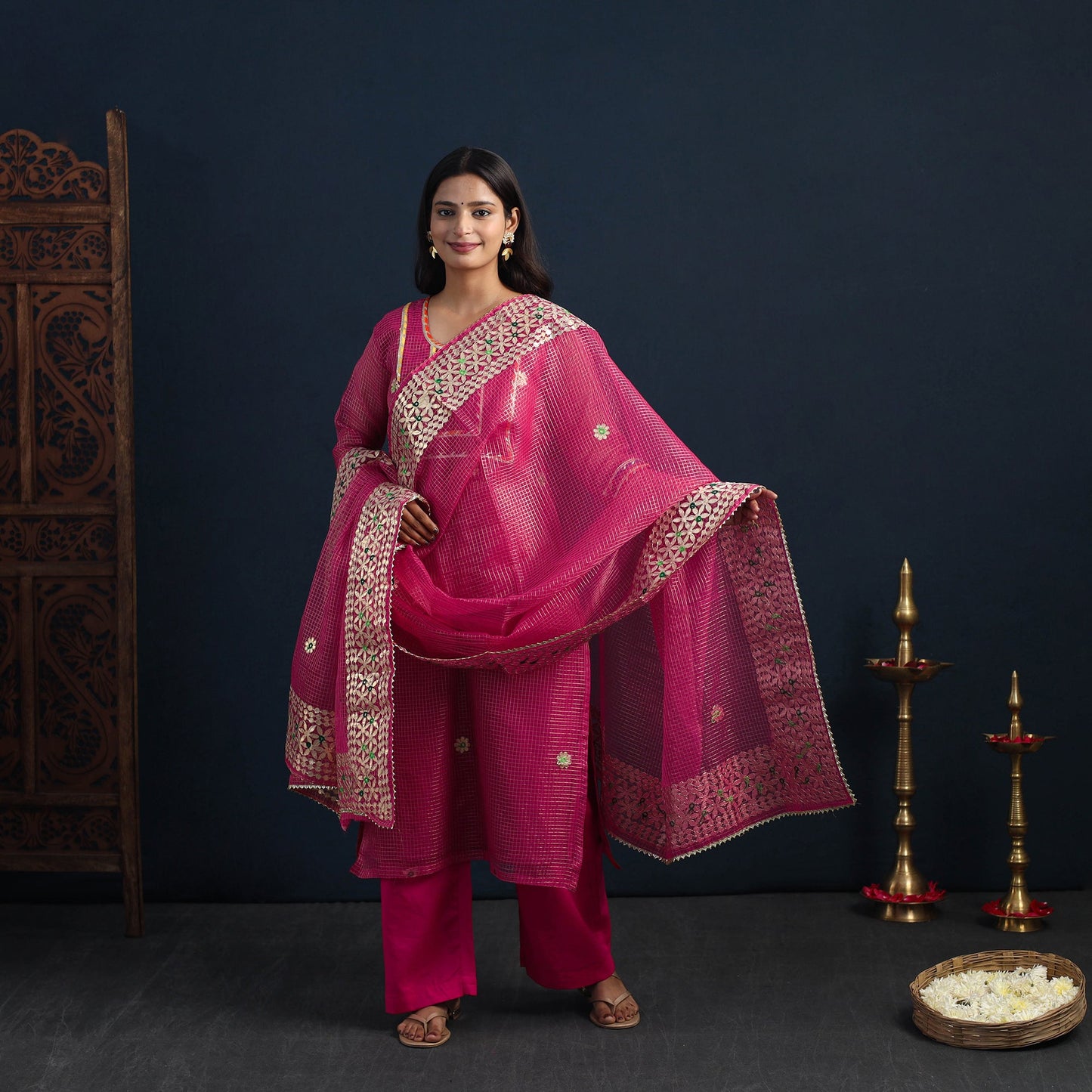 Magenta Pink Elegant Gota Work Silk Kota Doria Kurta Set 