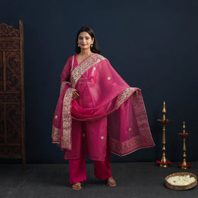 Magenta Pink Elegant Gota Work Silk Kota Doria Kurta Set 