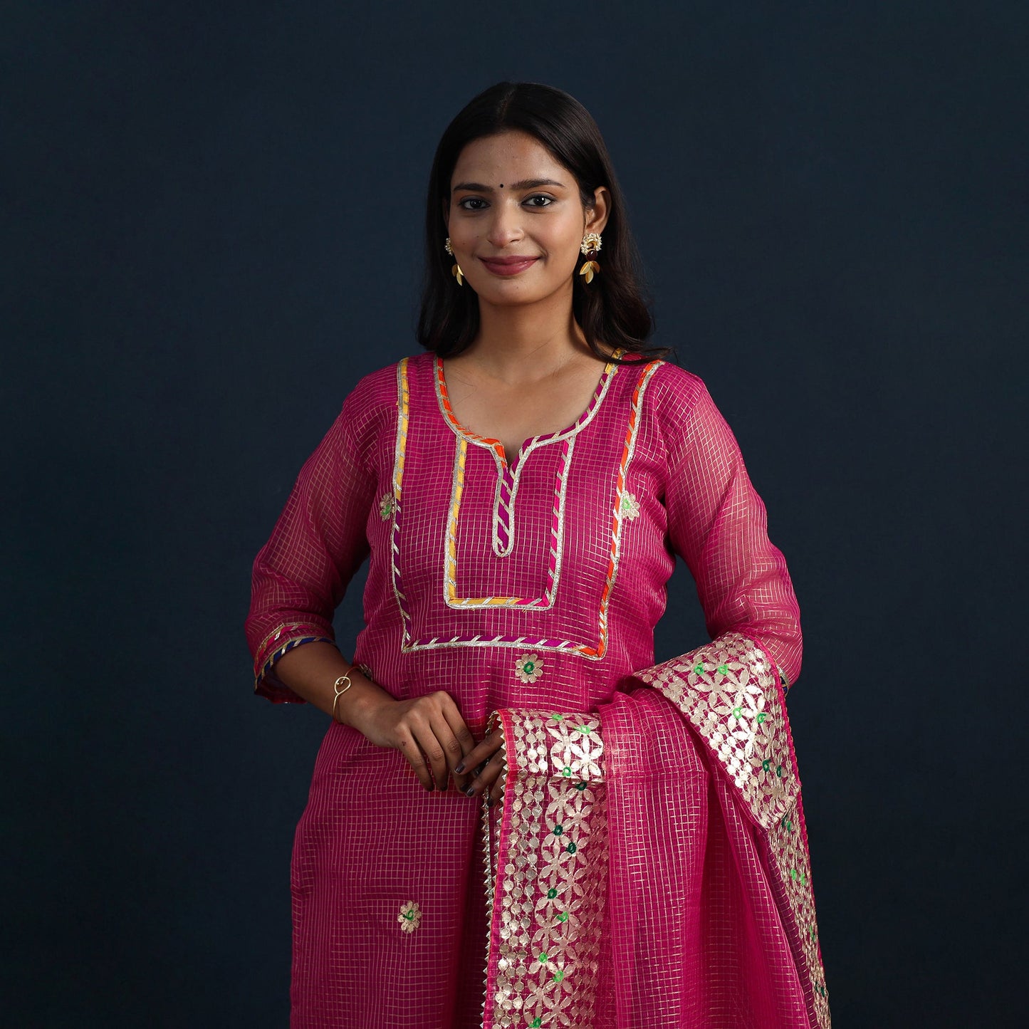 Magenta Pink Elegant Gota Work Silk Kota Doria Kurta Set 