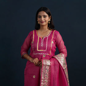 Magenta Pink Elegant Gota Work Silk Kota Doria Kurta Set 