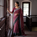 Pink Magenta, White & Black Stripe Saree with Floral Extra Weft, draped and worn by a woman, AI visual of the saree, iTokri