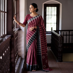 Pink Magenta, White & Black Stripe Saree with Floral Extra Weft, draped and worn by a woman, AI visual of the saree, iTokri