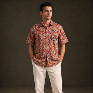 Men Half Sleeve Pedana Kalamkari Block Print Cotton Shirt 09