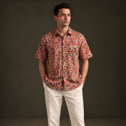 Men Half Sleeve Pedana Kalamkari Block Print Cotton Shirt 09
