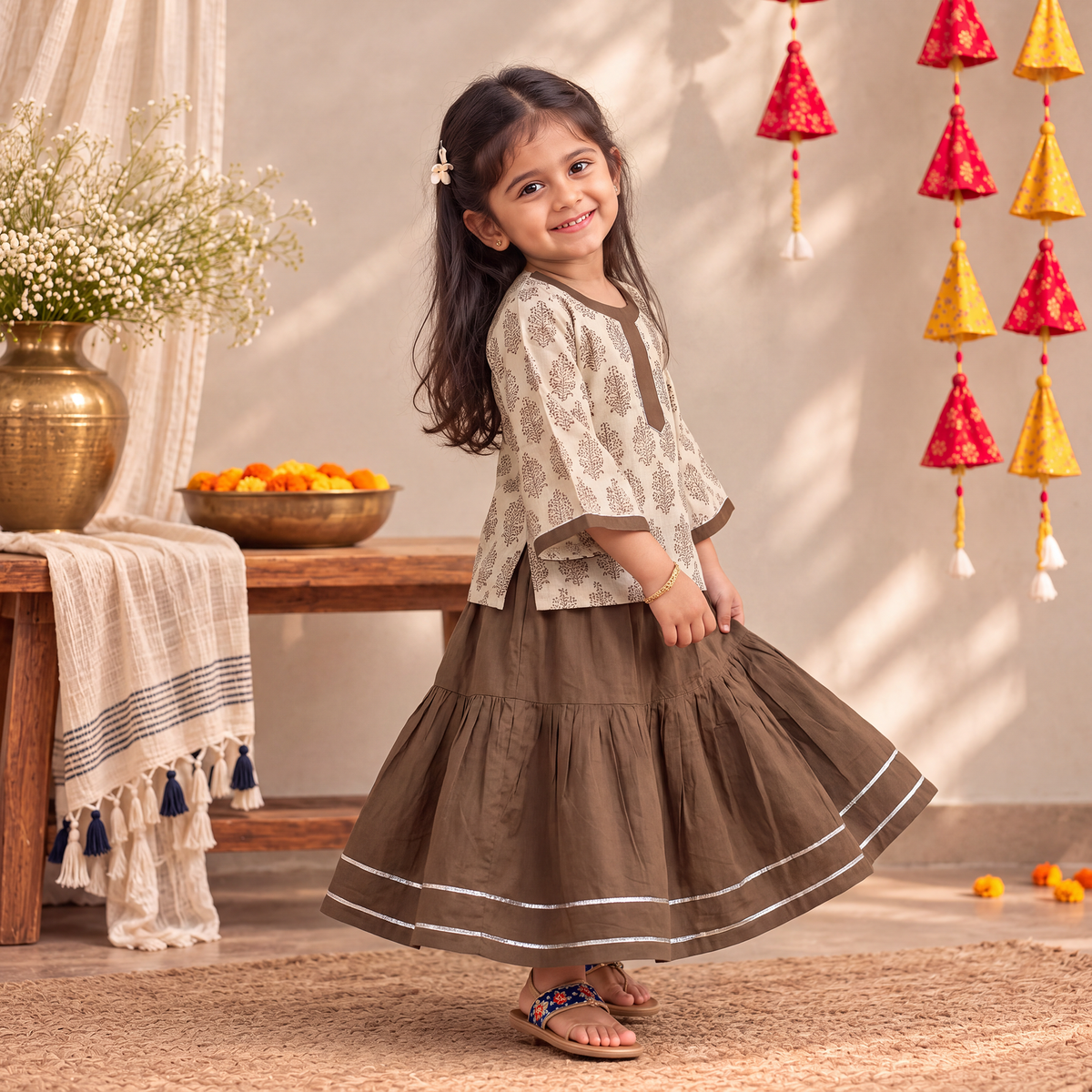 Girls Gota Work Bagh Block Print Cotton Kurta with Sharara Set (3-4 Years) 42