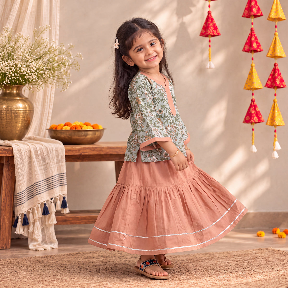 Girls Gota Work Floral Block Print Cotton Kurta with Sharara Set (3-4 Years) 40
