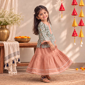 Girls Gota Work Floral Block Print Cotton Kurta with Sharara Set (3-4 Years) 40