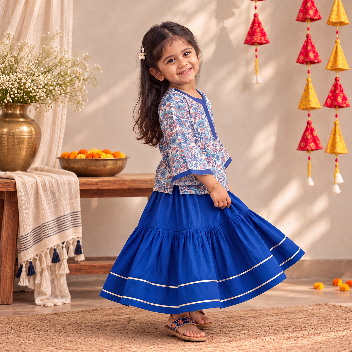 Girls Gota Work Floral Block Print Cotton Kurta with Sharara Set (3-4 Years) 13