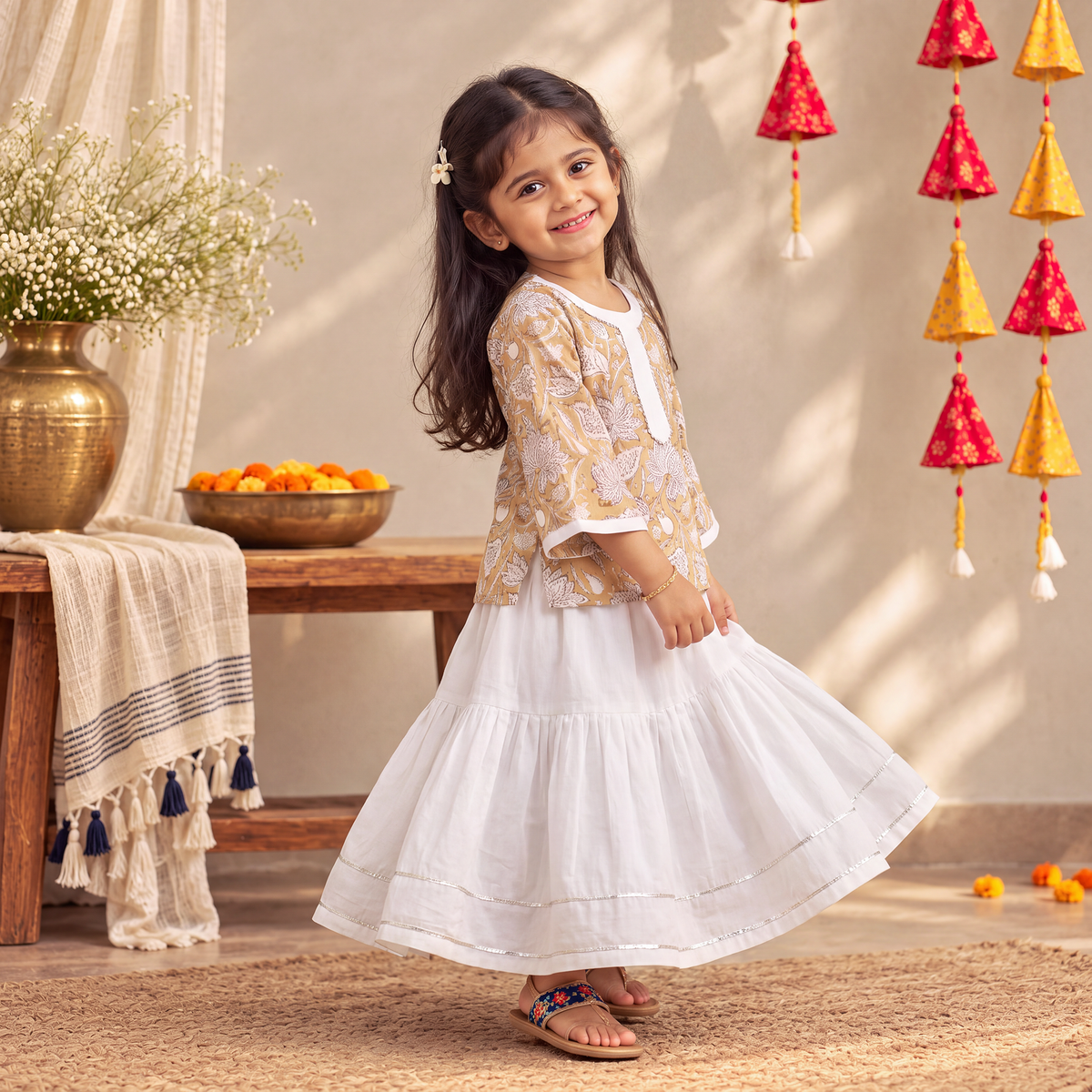 Girls Gota Work Floral Block Print Cotton Kurta with Sharara Set (3-4 Years) 14