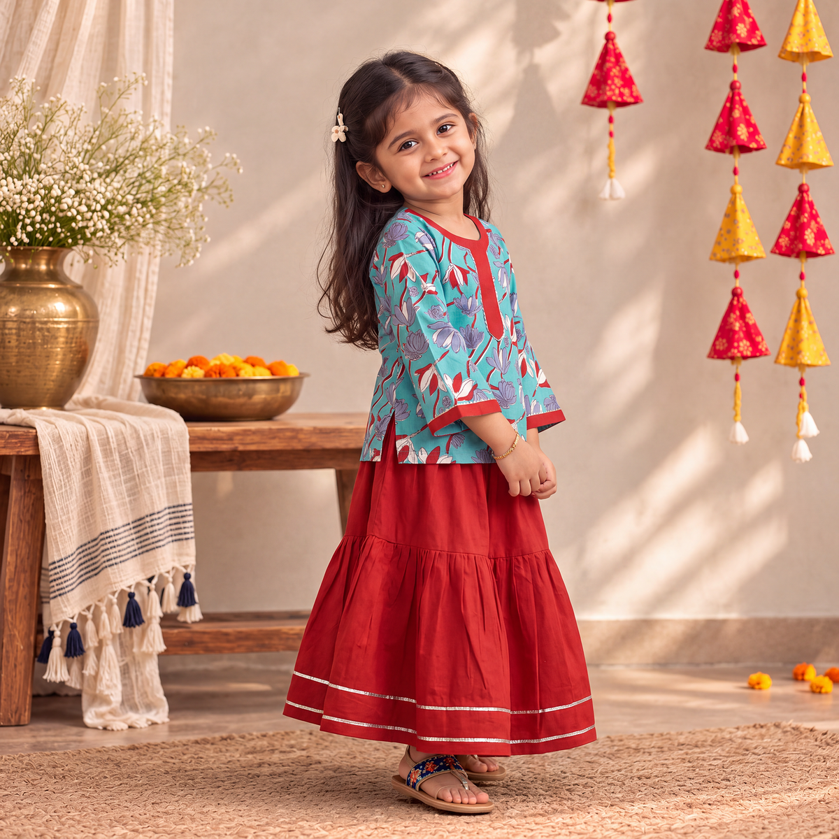 Girls Gota Work Floral Block Print Cotton Kurta with Sharara Set (3-4 Years) 15