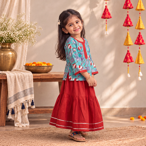 Girls Gota Work Floral Block Print Cotton Kurta with Sharara Set (3-4 Years) 15
