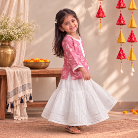 Girls Gota Work Floral Block Print Cotton Kurta with Sharara Set (3-4 Years) 16