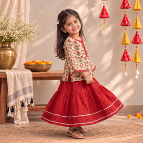 Girls Gota Work Floral Block Print Cotton Kurta with Sharara Set (3-4 Years) 17