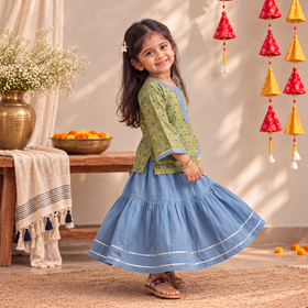 Girls Gota Work Floral Block Print Cotton Kurta with Sharara Set (3-4 Years) 18