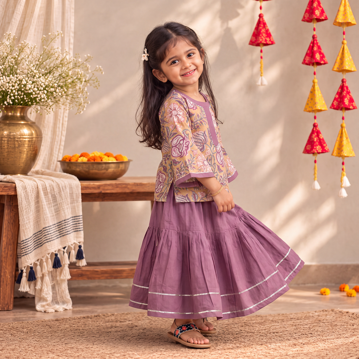 Girls Gota Work Floral Block Print Cotton Kurta with Sharara Set (3-4 Years) 19