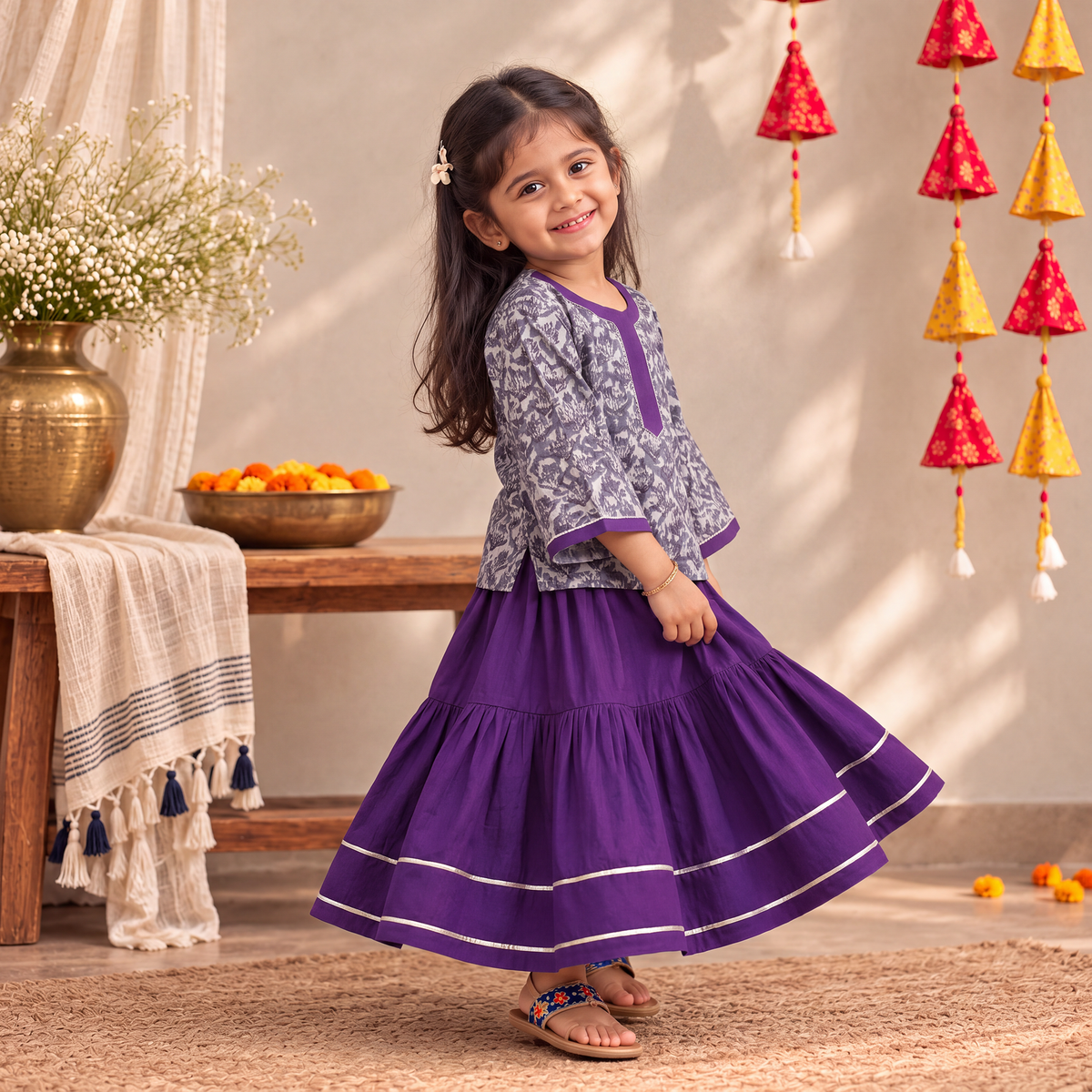 Girls Gota Work Floral Block Print Cotton Kurta with Sharara Set (3-4 Years) 30