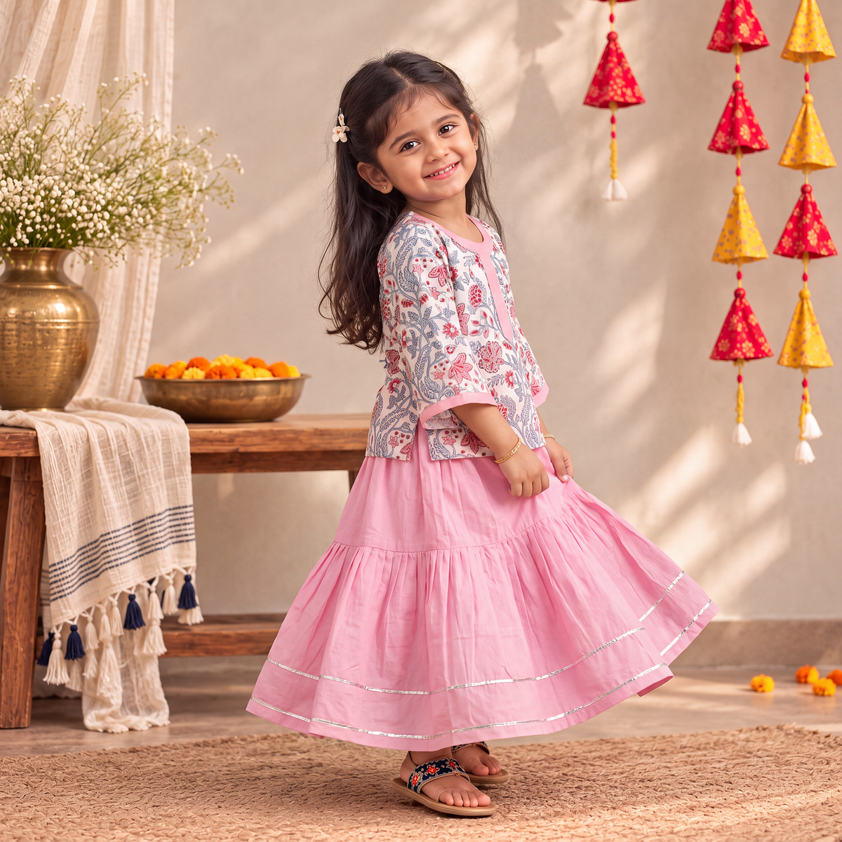 Girls Gota Work Floral Block Print Cotton Kurta with Sharara Set (3-4 Years) 33