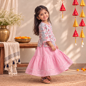 Girls Gota Work Floral Block Print Cotton Kurta with Sharara Set (3-4 Years) 33
