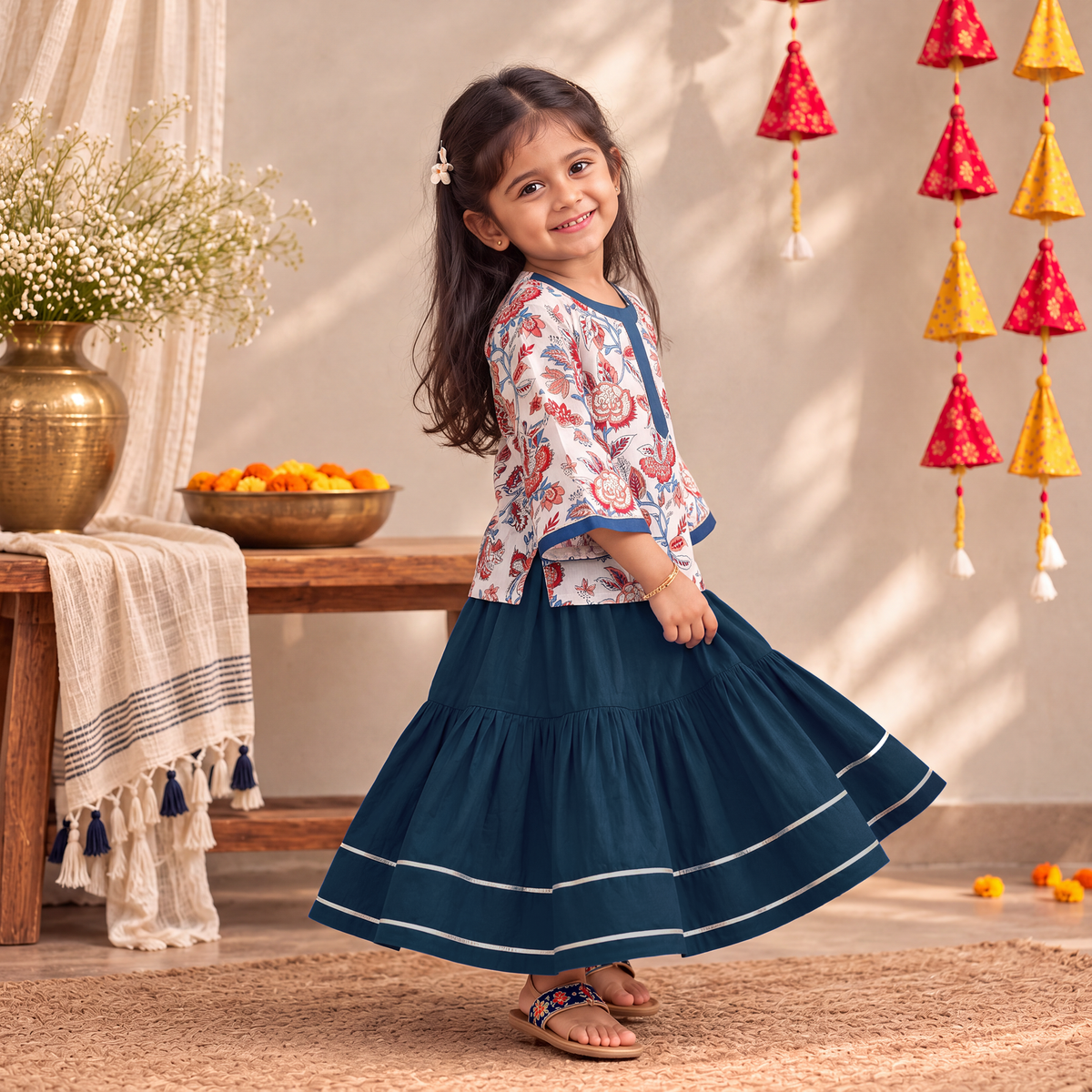 Girls Gota Work Floral Block Print Cotton Kurta with Sharara Set (3-4 Years) 34
