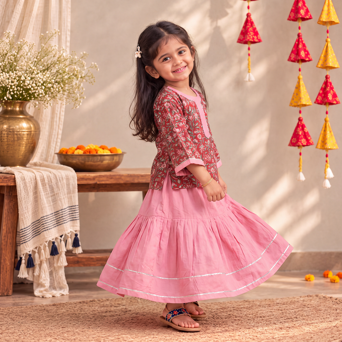 Girls Gota Work Floral Block Print Cotton Kurta with Sharara Set (3-4 Years) 36