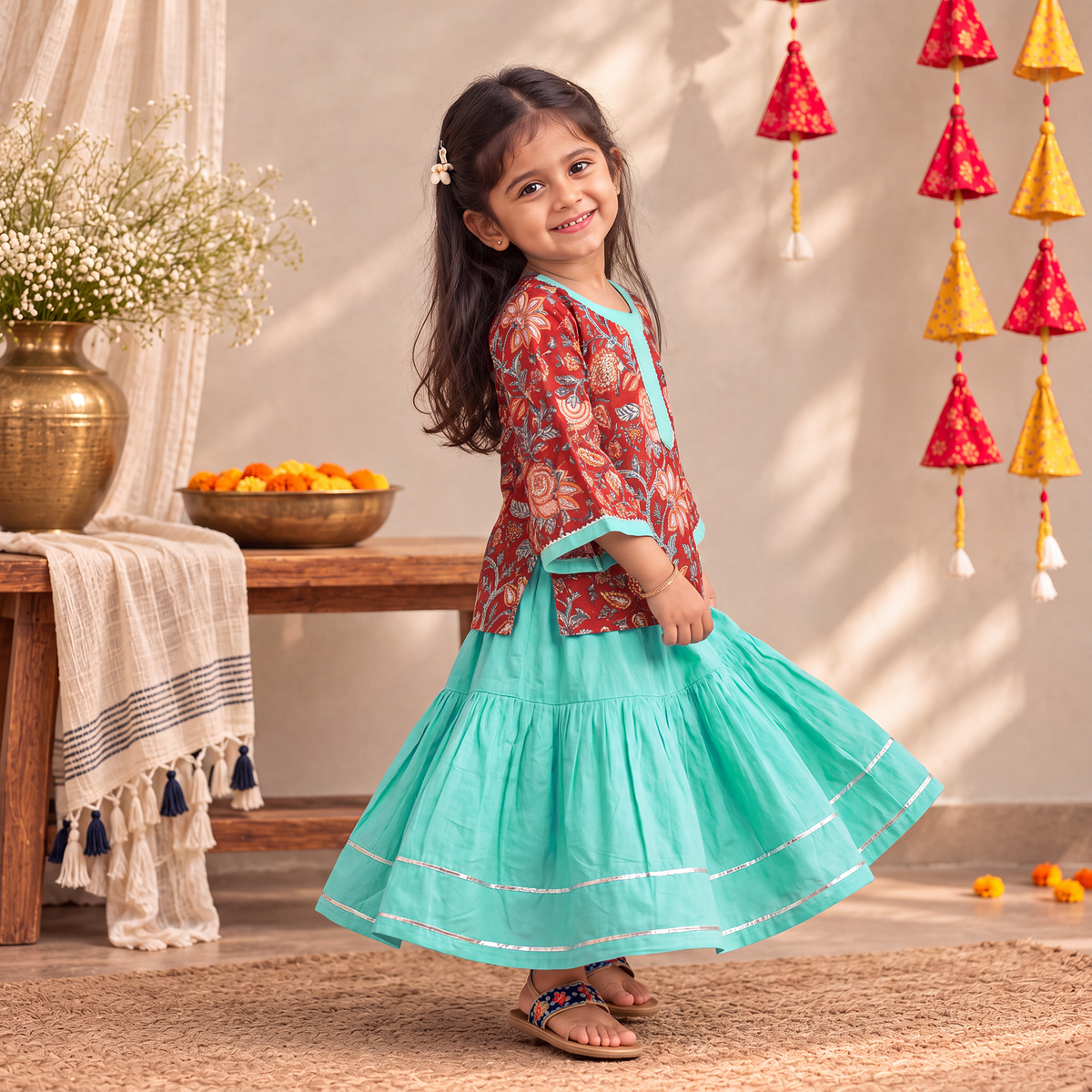 Girls Gota Work Floral Block Print Cotton Kurta with Sharara Set (3-4 Years) 38