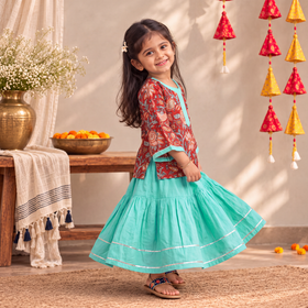 Girls Gota Work Floral Block Print Cotton Kurta with Sharara Set (3-4 Years) 38
